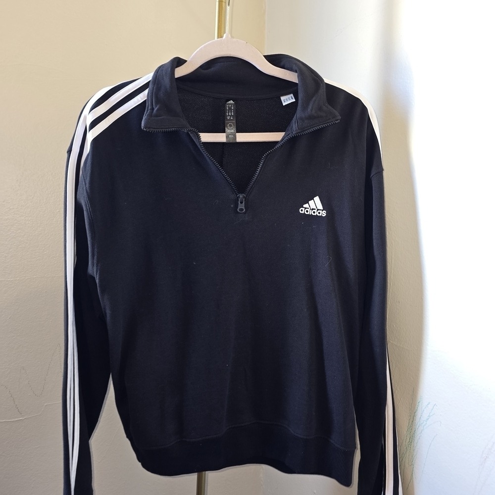 Adidas Black and White Zip Up Sweater with Signature Stripes